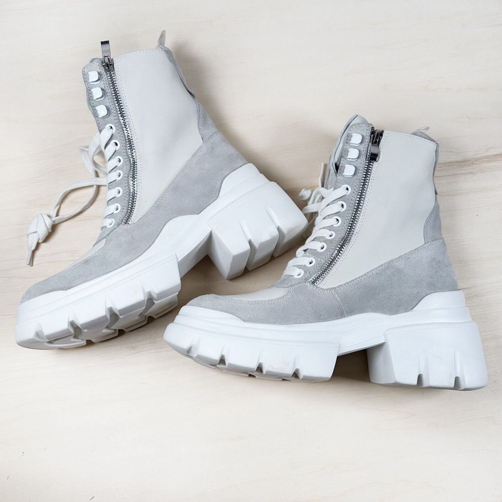 SAINT G Women's 8 Kendall White Gray Combat Boots Leather Suede